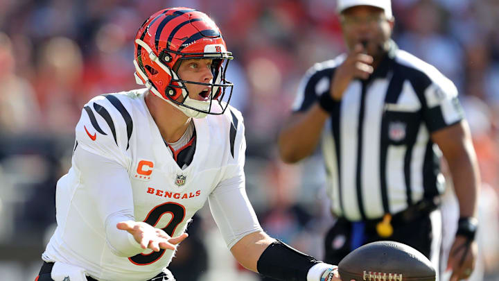 Cincinnati Bengals quarterback Joe Burrow (9) reacts to a penalty during the second half of an NFL football game at Huntington Bank Field, Sunday, Oct. 20, 2024, in Cleveland, Ohio.