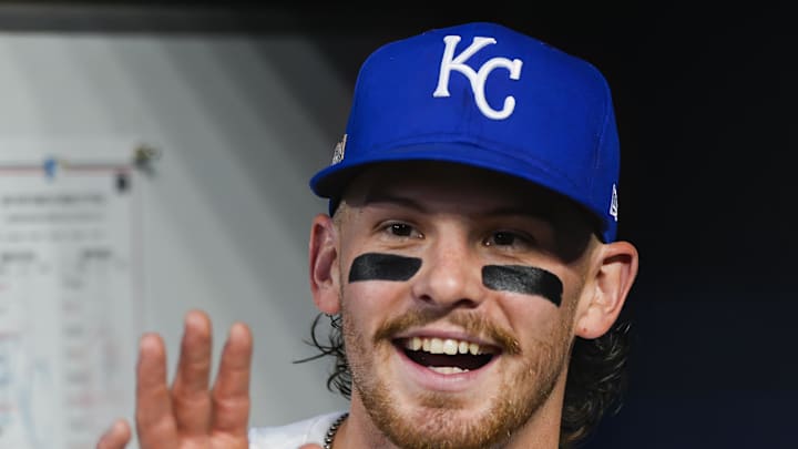 Kansas City Royals shortstop Bobby Witt Jr. (7) prior to game four of the ALDS for the 2024 MLB Playoffs at Kauffman Stadium on Oct 10.