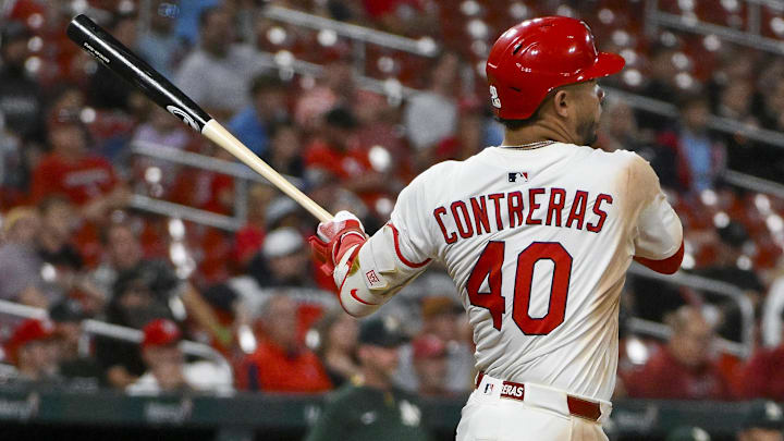Sep 3, 2025; St. Louis, Missouri, USA; St. Louis Cardinals first baseman Willson Contreras (40) hits a two run triple against the Athletics during the eighth inning at Busch Stadium. Mandatory Credit: Jeff Curry-Imagn Images Sep 3, 2025; St. Louis, Missouri, USA; St. Louis Cardinals first baseman Willson Contreras (40) hits a two run triple against the Athletics during the eighth inning at Busch Stadium. Mandatory Credit: Jeff Curry-Imagn Images