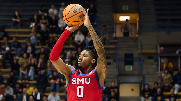 Feb 25, 2026; Berkeley, California, USA; SMU Mustangs guard B.J. Edwards (0) shoots a three point shot against the California Golden Bears during the first half at Haas Pavilion. Feb 25, 2026; Berkeley, California, USA; SMU Mustangs guard B.J. Edwards (0) shoots a three point shot against the California Golden Bears during the first half at Haas Pavilion.