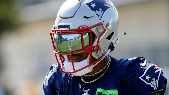 Clarke Hinkle Field reflected off the visor of New England Patriots wide receiver Kendrick Bourne (84) during a joint practice with the Green Bay Packers on Aug. 16, 2023, in Ashwaubenon, Wis.