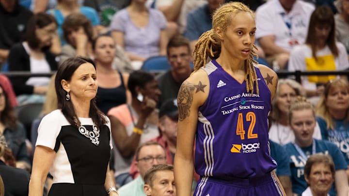 Jun 27, 2015; Minneapolis, MN, USA; Phoenix Mercury head coach Sandy Brondello and center Brittney Griner (42) in the first quarter against the Minnesota Lynx at Target Center. Mandatory Credit: Brad Rempel-Imagn Images