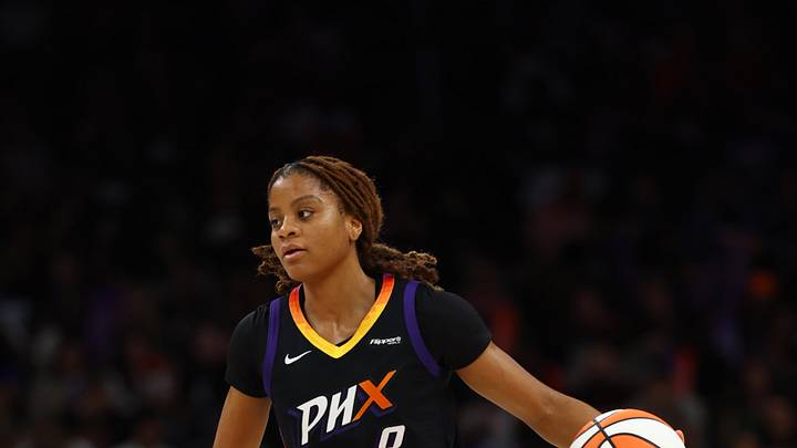 Sep 9, 2025; Phoenix, Arizona, USA; Phoenix Mercury guard Monique Akoa Makani (8) against the Los Angeles Sparks during a WNBA game at PHX Arena. Mandatory Credit: Mark J. Rebilas-Imagn Images