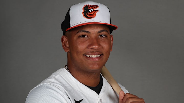 Feb 19, 2025; Sarasota, FL, USA; Baltimore Orioles catcher Samuel Basallo (72) poses for photo during media day at Ed Smith Stadium