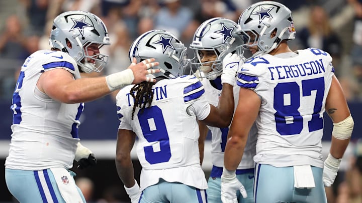 Dallas Cowboys WR KaVontae Turpin is congratulated by teammates after scoring a touchdown against the New York Giants.