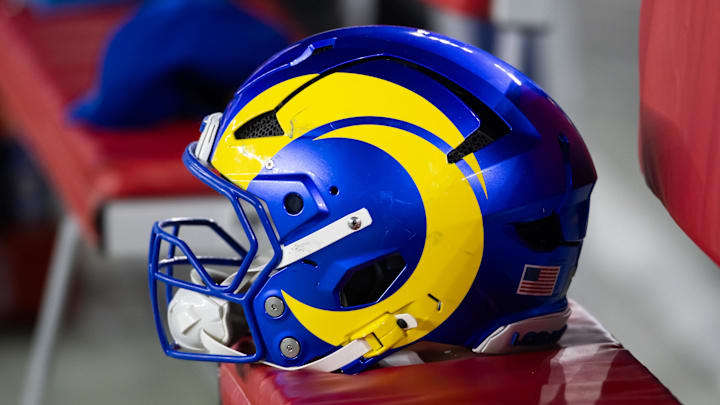 Jan 13, 2025; Glendale, AZ, USA; Detailed view of a Los Angeles Rams helmet during an NFC wild card game at State Farm Stadium. Mandatory Credit: Mark J. Rebilas-Imagn Images Jan 13, 2025; Glendale, AZ, USA; Detailed view of a Los Angeles Rams helmet during an NFC wild card game at State Farm Stadium. Mandatory Credit: Mark J. Rebilas-Imagn Images