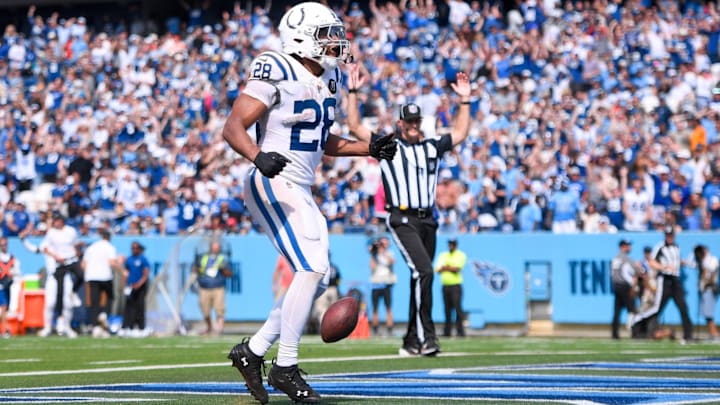 Sep 21, 2025; Nashville, Tennessee, USA;  Indianapolis Colts running back Jonathan Taylor (28) celebrates his touchdown against the Tennessee Titans during the second halfat Nissan Stadium. Mandatory Credit: Steve Roberts-Imagn Images