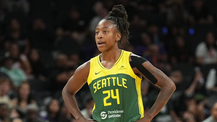 Aug 5, 2023; Phoenix, Arizona, USA; Seattle Storm guard Jewell Loyd (24) looks on against the Phoenix Mercury during the second half at Footprint Center. Mandatory Credit: Joe Camporeale-Imagn Images