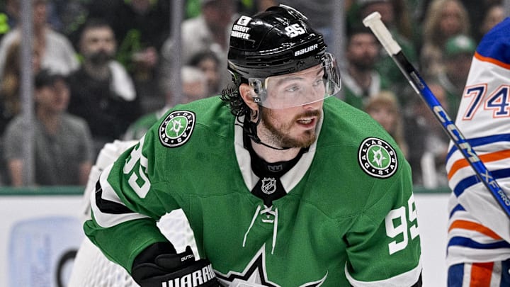 May 29, 2025; Dallas, Texas, USA; Dallas Stars center Matt Duchene (95) in action during the game between the Dallas Stars and the Edmonton Oilers in game five of the Western Conference Final of the 2025 Stanley Cup Playoffs at American Airlines Center. Mandatory Credit: Jerome Miron-Imagn Images