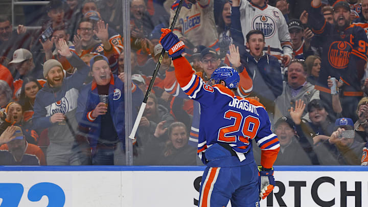 Jan 10, 2026; Edmonton, Alberta, CAN; Edmonton Oilers forward Leon Draisaitl (29) celebrates after scoring a goal against the Los Angelos Kings during the first period at Rogers Place. Mandatory Credit: Perry Nelson-Imagn Images