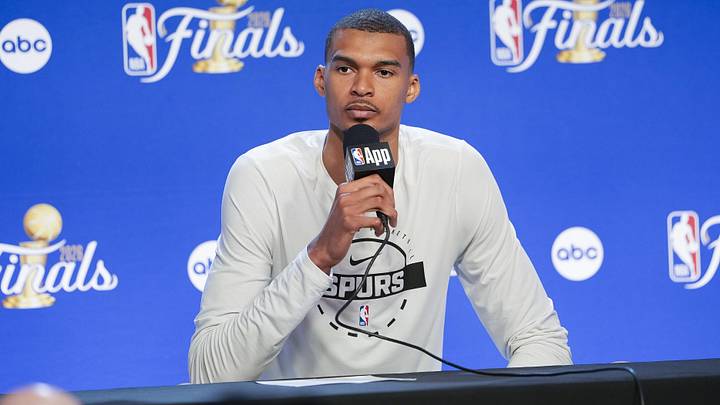Jun 5, 2026; San Antonio, Texas, USA; San Antonio Spurs forward Victor Wembanyama (1) speaks with the media after the game between the Spurs and the Knicks in game two of the 2026 NBA Finals at Frost Bank Center. 