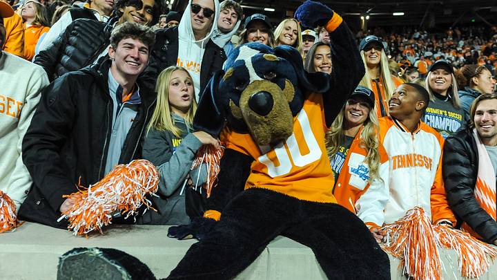 Nov 13, 2021; Knoxville, Tennessee, USA; Tennessee Volunteers fans and Smokey celebrate during the second half in a game against the Georgia Bulldogs at Neyland Stadium. Mandatory Credit: Bryan Lynn-USA TODAY Sports Nov 13, 2021; Knoxville, Tennessee, USA; Tennessee Volunteers fans and Smokey celebrate during the second half in a game against the Georgia Bulldogs at Neyland Stadium. Mandatory Credit: Bryan Lynn-USA TODAY Sports