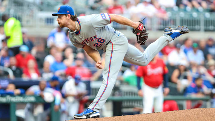 Aug 22, 2025; Cumberland, Georgia, USA; New York Mets pitcher Nolan McLean (26) pitches the ball against the Atlanta Braves during the second inning at Truist Park. Mandatory Credit: Jordan Godfree-Imagn Images Aug 22, 2025; Cumberland, Georgia, USA; New York Mets pitcher Nolan McLean (26) pitches the ball against the Atlanta Braves during the second inning at Truist Park. Mandatory Credit: Jordan Godfree-Imagn Images