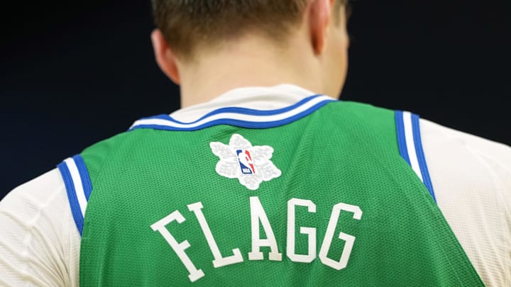 Dec 25, 2025; San Francisco, California, USA; A view of the Christmas logo on the back of the jersey of Dallas Mavericks forward Cooper Flagg (32) 