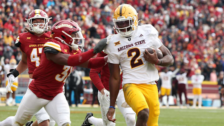 Nov 1, 2025; Ames, Iowa, USA;  Arizona State Sun Devils quarterback Jeff Sims (2)  runs the football against the Iowa State Cyclones during the first half at Jack Trice Stadium. 
