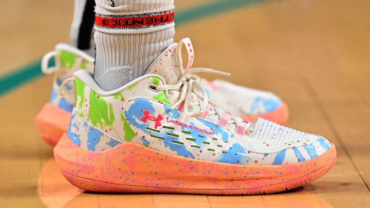 Aug 26, 2025; Los Angeles, California, USA; Detailed view of the basketball sneakers worn by Los Angeles Sparks guard Kelsey Plum (10) against the Phoenix Mercury at Crypto.com Arena. Mandatory Credit: Jayne Kamin-Oncea-Imagn Images