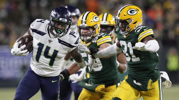 Seattle Seahawks wide receiver D.K. Metcalf runs after the catch against the Packers in the 2019 playoffs. Seattle Seahawks wide receiver D.K. Metcalf runs after the catch against the Packers in the 2019 playoffs.