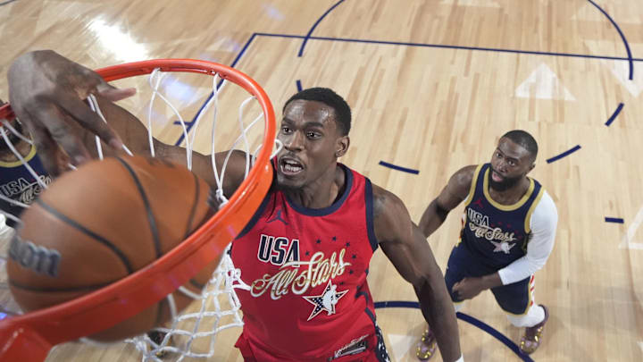 Feb 15, 2026; Inglewood, California, USA; Team USA Stars center Jalen Duren (0) of the Detroit Pistons shoots in the championship game during the 75th NBA All Star Game at Intuit Dome. Mandatory Credit: Ronald Martinez/Pool Photo-Imagn Images