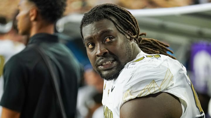 Oct 4, 2025; Fort Worth, Texas, USA; Colorado Buffaloes defensive lineman Jehiem Oatis (96) sits on the sidelines during a game against the TCU Horned Frogs at Amon G. Carter Stadium.