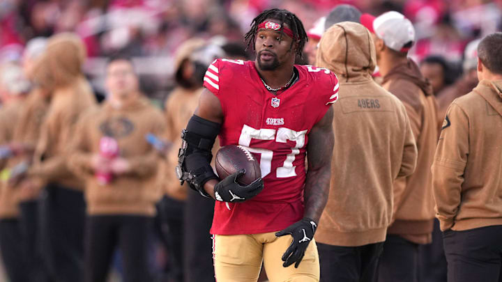 Nov 19, 2023; Santa Clara, California, USA; San Francisco 49ers linebacker Dre Greenlaw (57) during the third quarter against the Tampa Bay Buccaneers at Levi's Stadium. Mandatory Credit: Darren Yamashita-Imagn Images