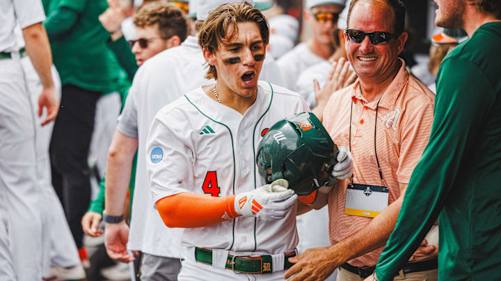 Miami's Jake Ogden After hitting home run in Super Regionals to give the Hurricanes a lead. 