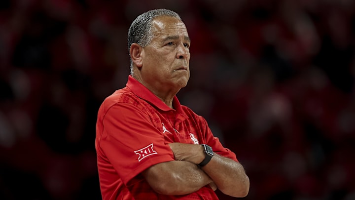 Nov 3, 2025; Houston, Texas, USA; Houston Cougars head coach Kelvin Sampson looks on during the second half against the Lehigh Mountain Hawks at Fertitta Center. 
