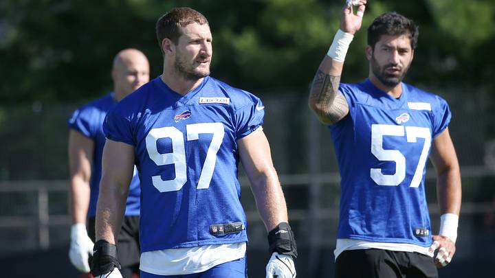 Bills defensive players Joey Bosa and A.J. Epenesa head for the practice field during the opening day of Buffalo Bills training camp at St. John Fisher University Wednesday, July 23, 2025 in Pittsford. Bills defensive players Joey Bosa and A.J. Epenesa head for the practice field during the opening day of Buffalo Bills training camp at St. John Fisher University Wednesday, July 23, 2025 in Pittsford.