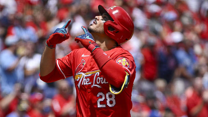 Jul 10, 2024; St. Louis, Missouri, USA;  St. Louis Cardinals third baseman Nolan Arenado (28) reacts after hitting a solo home run against the Kansas City Royals during the second inning at Busch Stadium. Mandatory Credit: Jeff Curry-USA TODAY Sports