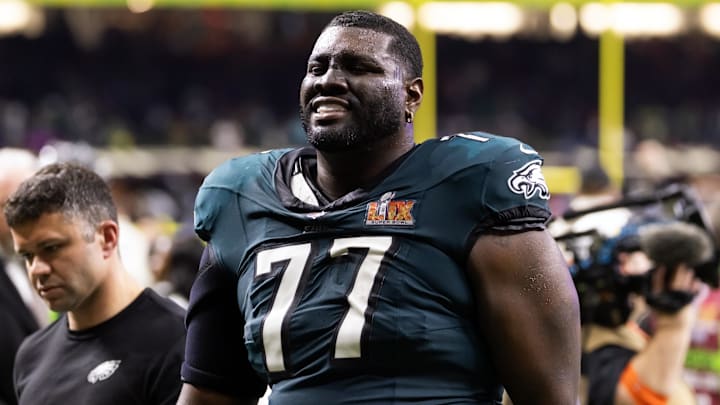 Philadelphia Eagles right guard Mekhi Becton (77) against the Kansas City Chiefs during Super Bowl LIX at Ceasars Superdome.