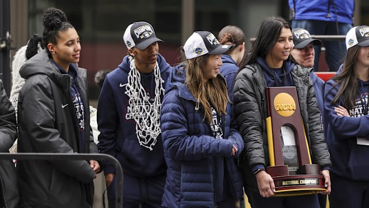 Apr 13, 2025; Hartford, CT, USA; UConn Huskies Azzi Fudd, Kaitlyn Chen and Caroline Ducharme look on during the Final Four champions victory parade and rally outside of the XL Center in Hartford, CT. Mandatory Credit: Scott Rausenberger-Imagn Images Apr 13, 2025; Hartford, CT, USA; UConn Huskies Azzi Fudd, Kaitlyn Chen and Caroline Ducharme look on during the Final Four champions victory parade and rally outside of the XL Center in Hartford, CT. Mandatory Credit: Scott Rausenberger-Imagn Images