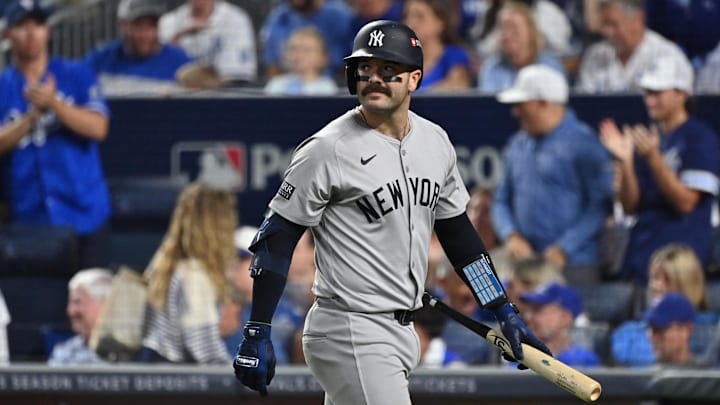 Oct 9, 2024; Kansas City, Missouri, USA; New York Yankees catcher Austin Wells (28) walks back to the dugout in the fourth inning against the Kansas City Royals during game three of the NLDS for the 2024 MLB Playoffs at Kauffman Stadium. Oct 9, 2024; Kansas City, Missouri, USA; New York Yankees catcher Austin Wells (28) walks back to the dugout in the fourth inning against the Kansas City Royals during game three of the NLDS for the 2024 MLB Playoffs at Kauffman Stadium.