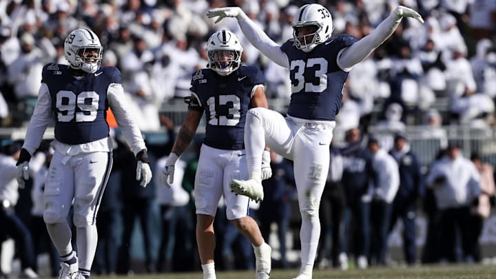 Penn State Nittany Lions defensive end Dani Dennis-Sutton (33) reacts following a sack against the SMU Mustangs during the second quarter of their College Football Playoff game at Beaver Stadium.
