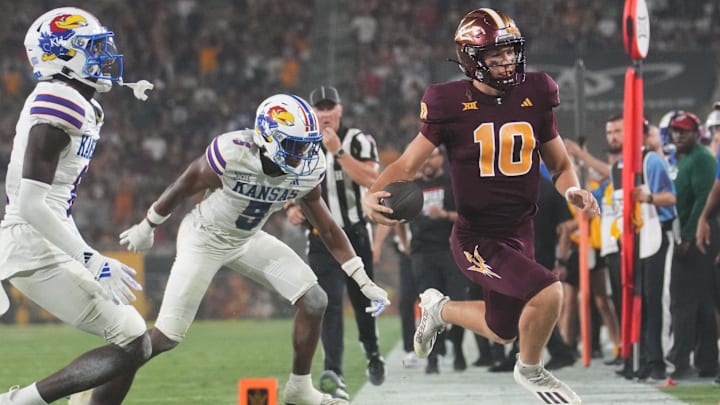 Arizona State quarterback Sam Leavitt (10) has thrown for 1,166 yards and rushed for 279 yards this season.