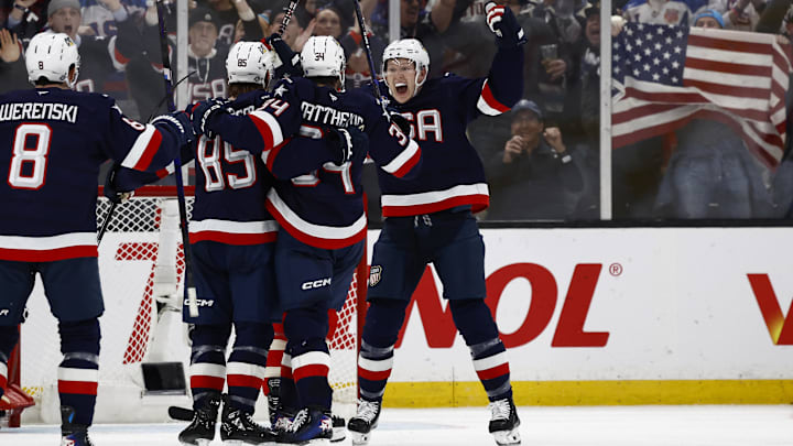 Feb 20, 2025; Boston, MA, USA; [Imagn Images direct customers only] United States forward Brady Tkachuk (7) celebrates a goal against Canada during the 4 Nations Face-Off ice hockey championship game against Canada at TD Garden. Mandatory Credit: Winslow Townson-Imagn Images