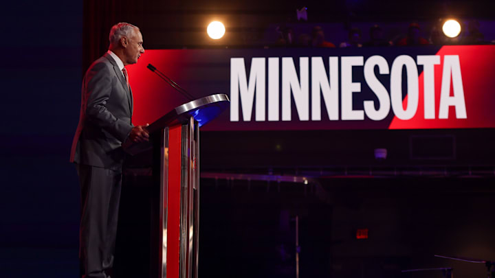 Jul 13, 2025; Atlanta, GA, USA; MLB Commissioner Rob Manfred announces the pick for the Minnesota Twins during the MLB Draft at The Coca-Cola Roxy. Jul 13, 2025; Atlanta, GA, USA; MLB Commissioner Rob Manfred announces the pick for the Minnesota Twins during the MLB Draft at The Coca-Cola Roxy.