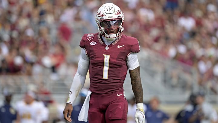 Sep 20, 2025; Tallahassee, Florida, USA; Florida State Seminoles quarterback Thomas Castellanos (1) during the first half against the Kent State Golden Flashes at Doak S. Campbell Stadium. Mandatory Credit: Melina Myers-Imagn Images