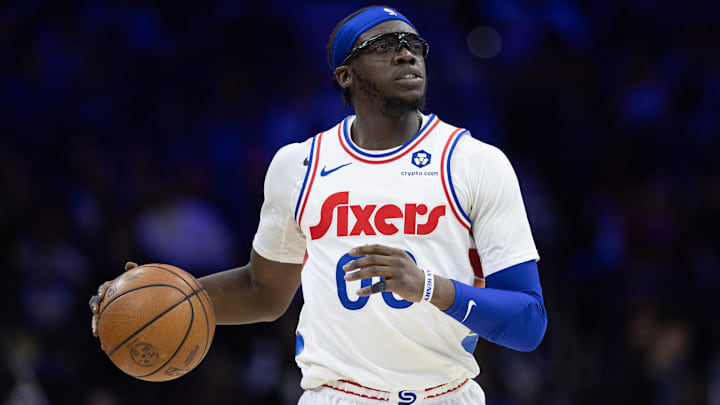 Jan 8, 2025; Philadelphia, Pennsylvania, USA; Philadelphia 76ers guard Reggie Jackson (00) controls the ball against the Washington Wizards during the fourth quarter at Wells Fargo Center. Mandatory Credit: Bill Streicher-Imagn Images Jan 8, 2025; Philadelphia, Pennsylvania, USA; Philadelphia 76ers guard Reggie Jackson (00) controls the ball against the Washington Wizards during the fourth quarter at Wells Fargo Center. Mandatory Credit: Bill Streicher-Imagn Images