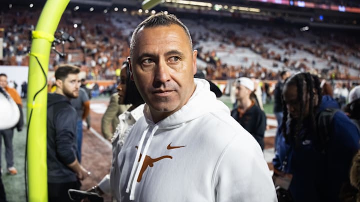 Dec 21, 2024; Austin, Texas, USA; Texas Longhorns head coach Steve Sarkisian against the Clemson Tigers during the CFP National playoff first round at Darrell K Royal-Texas Memorial Stadium. Mandatory Credit: Mark J. Rebilas-Imagn Images Dec 21, 2024; Austin, Texas, USA; Texas Longhorns head coach Steve Sarkisian against the Clemson Tigers during the CFP National playoff first round at Darrell K Royal-Texas Memorial Stadium. Mandatory Credit: Mark J. Rebilas-Imagn Images