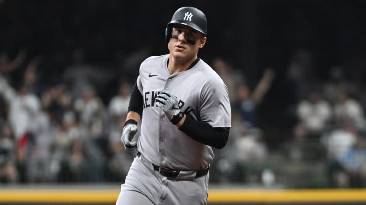 Apr 27, 2024; Milwaukee, Wisconsin, USA; New York Yankees first base Anthony Rizzo (48) rounds the Apr 27, 2024; Milwaukee, Wisconsin, USA; New York Yankees first base Anthony Rizzo (48) rounds the