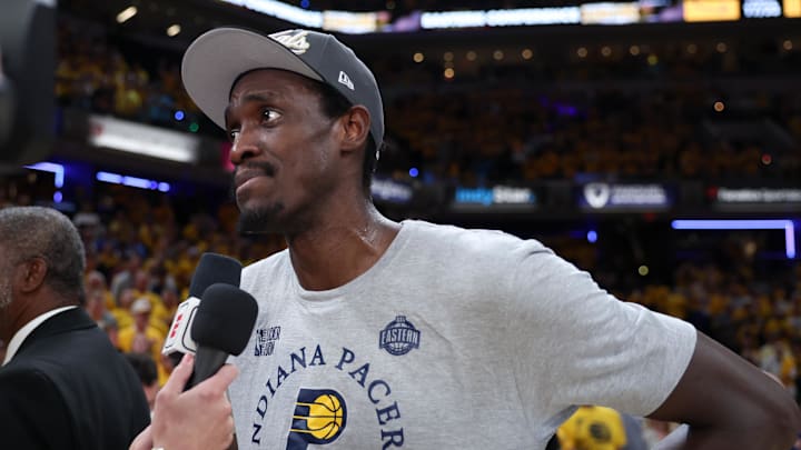May 31, 2025; Indianapolis, Indiana, USA; Indiana Pacers forward Pascal Siakam (43) speaks to the media after game six of the eastern conference finals against the New York Knicks for the 2025 NBA Playoffs at Gainbridge Fieldhouse. Mandatory Credit: Trevor Ruszkowski-Imagn Images May 31, 2025; Indianapolis, Indiana, USA; Indiana Pacers forward Pascal Siakam (43) speaks to the media after game six of the eastern conference finals against the New York Knicks for the 2025 NBA Playoffs at Gainbridge Fieldhouse. Mandatory Credit: Trevor Ruszkowski-Imagn Images