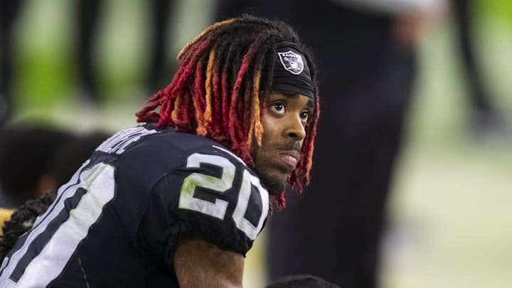 Nov 22, 2020; Paradise, Nevada, USA; Las Vegas Raiders cornerback Damon Arnette (20) against the Kansas City Chiefs at Allegiant Stadium. Mandatory Credit: Mark J. Rebilas-Imagn Images