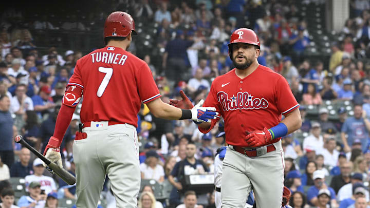 Jun 29, 2023; Chicago, Illinois, USA;  Philadelphia Phillies left fielder Kyle Schwarber (12) rhigh
