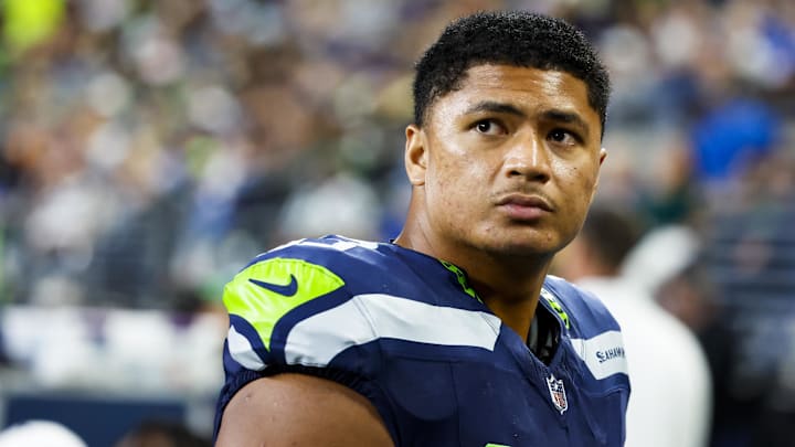 Aug 24, 2024; Seattle, Washington, USA; Seattle Seahawks offensive tackle Sataoa Laumea (63) stands on the sideline during the first quarter against the Cleveland Browns at Lumen Field. Mandatory Credit: Joe Nicholson-Imagn Images