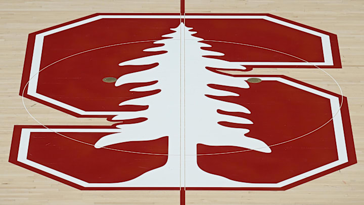 Feb 10, 2024; Stanford, California, USA; The Stanford Cardinal logo at center court before the game between the Stanford Cardinal and the USC Trojans at Maples Pavilion. Mandatory Credit: Robert Edwards-Imagn Images