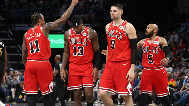 Feb 8, 2024; Memphis, Tennessee, USA; Chicago Bulls forward DeMar DeRozan (11) reacts with forward Torrey Craig (13), center Nikola Vucevic (9) and guard Jevon Carter (5) during a time out during the first half against the Memphis Grizzlies at FedExForum. Mandatory Credit: Petre Thomas-Imagn Images Feb 8, 2024; Memphis, Tennessee, USA; Chicago Bulls forward DeMar DeRozan (11) reacts with forward Torrey Craig (13), center Nikola Vucevic (9) and guard Jevon Carter (5) during a time out during the first half against the Memphis Grizzlies at FedExForum. Mandatory Credit: Petre Thomas-Imagn Images