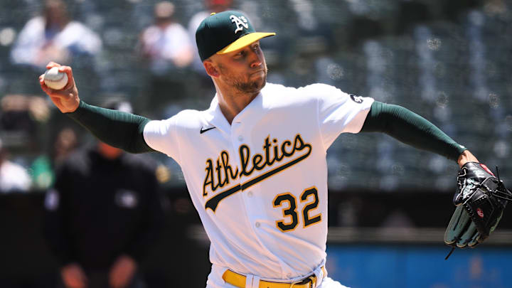 May 31, 2023; Oakland, California, USA; Oakland Athletics starting pitcher James Kaprielian (32) pitches the ball against the Atlanta Braves during the first inning at Oakland-Alameda County Coliseum. Mandatory Credit: Kelley L Cox-Imagn Images May 31, 2023; Oakland, California, USA; Oakland Athletics starting pitcher James Kaprielian (32) pitches the ball against the Atlanta Braves during the first inning at Oakland-Alameda County Coliseum. Mandatory Credit: Kelley L Cox-Imagn Images