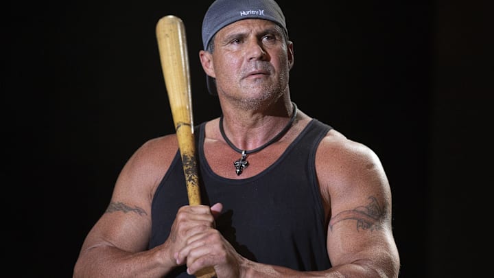 June 28, 2019; Milwaukee, WI, USA; FILE PHOTO; Jose Canseco makes an appearance onstage as The Lonely Island performs at the Miller Lite Oasis on June 28, 2019. 