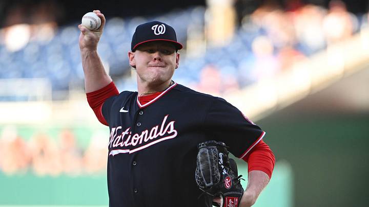May 29, 2026; Washington, District of Columbia, USA; Washington Nationals pitcher Paxton Schultz (75) throws to the San Diego Padres during the first inning at Nationals Park. Mandatory Credit: Brad Mills-Imagn Images