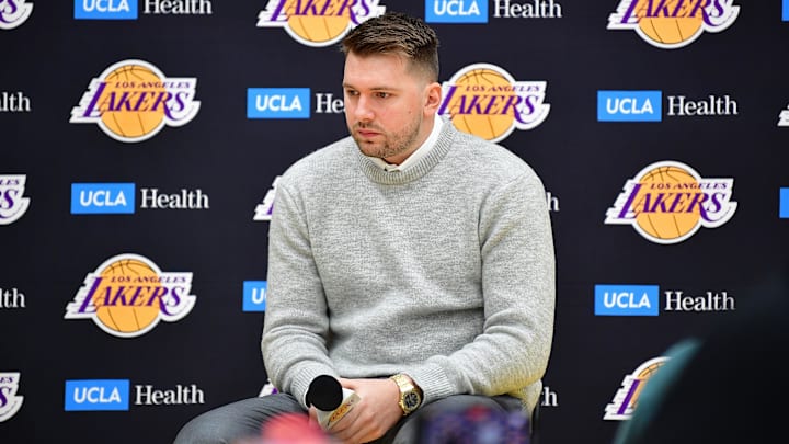 Feb 4, 2025; El Segundo, CA, USA; Los Angeles Lakers guard Luka Doncic is introduced at UCLA Health Training Center. Mandatory Credit: Gary A. Vasquez-Imagn Images Feb 4, 2025; El Segundo, CA, USA; Los Angeles Lakers guard Luka Doncic is introduced at UCLA Health Training Center. Mandatory Credit: Gary A. Vasquez-Imagn Images