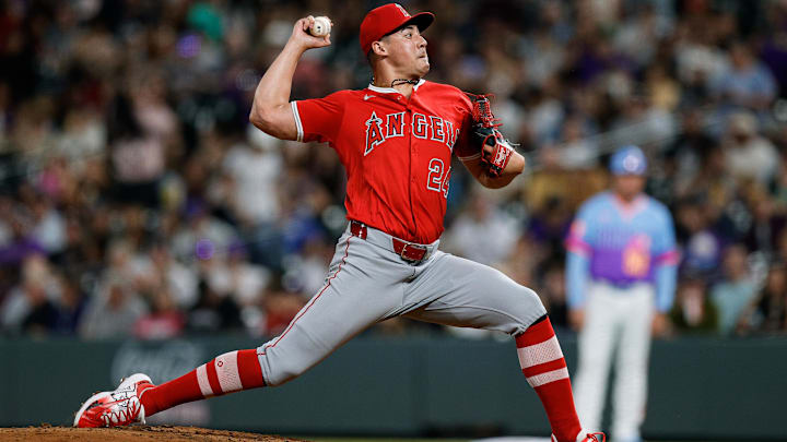 Sep 19, 2025; Denver, Colorado, USA; Los Angeles Angels relief pitcher Robert Stephenson (24) pitches in the seventh inning against the Colorado Rockies at Coors Field. Mandatory Credit: Isaiah J. Downing-Imagn Images